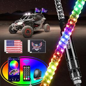 Nilight 2PCS 4FT RGB LED Whip Light, Remote & App Control w/DIY Chasing Patterns Stop Turn Reverse Light Safety Antenna Lighted Whips for ATV UTV Polaris RZR Can-am Dune Buggy Jeep, 2 Year Warranty