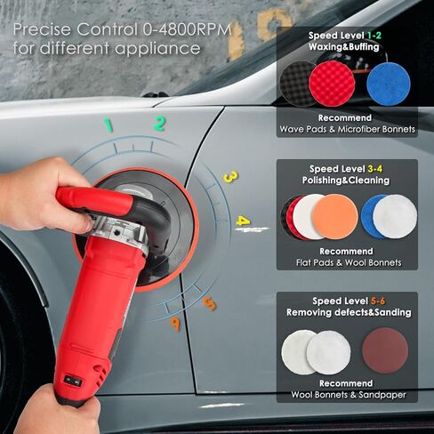 ملمع عازل، ملمع دوار 10 أمبير 7 بوصة لتفصيل السيارة، آلة تلميع عازلة للسيارة 1200 وات 7 سرعات متغيرة، بحد أقصى 4800 دورة في الدقيقة، مع وسادة إسفنجية من الصوف لتلميع السيارة، التلميع، إزالة الشعر بالشمع in Kuwait