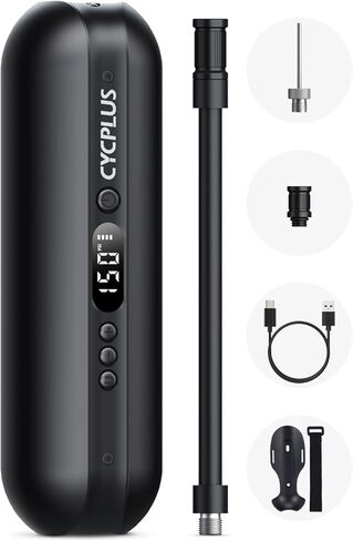 ضاغط هواء كهربائي من CYCPLUS منفاخ إطارات السيارة، بحد أقصى 150 رطل لكل بوصة مربعة، مضخة هواء ذات إغلاق تلقائي مع صمامات بريستا وشرايدر لجميع الدراجات النارية والسيارات (أسود) in Kuwait