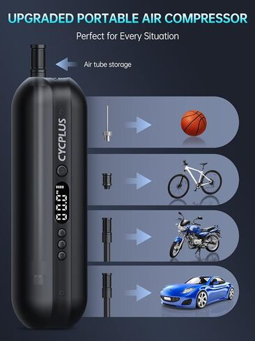 ضاغط هواء كهربائي من CYCPLUS منفاخ إطارات السيارة، بحد أقصى 150 رطل لكل بوصة مربعة، مضخة هواء ذات إغلاق تلقائي مع صمامات بريستا وشرايدر لجميع الدراجات النارية والسيارات (أسود) in Kuwait