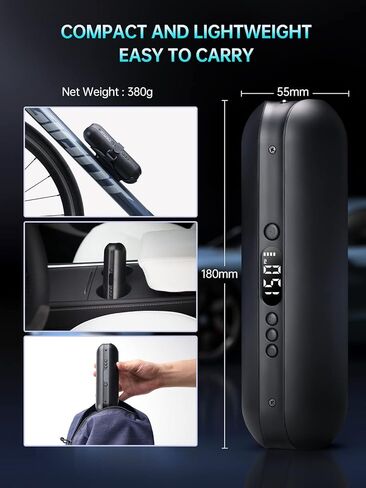ضاغط هواء كهربائي من CYCPLUS منفاخ إطارات السيارة، بحد أقصى 150 رطل لكل بوصة مربعة، مضخة هواء ذات إغلاق تلقائي مع صمامات بريستا وشرايدر لجميع الدراجات النارية والسيارات (أسود) in Kuwait