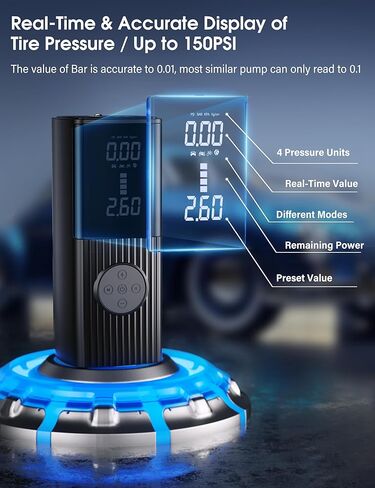 منفاخ إطارات ZMOON ضاغط هواء محمول، 2 في 1 150 رطل لكل بوصة مربعة لاسلكي ومضخة هواء تيار مستمر 12 فولت لإطارات السيارات، 9000 مللي أمبير في الساعة 4 مرات تضخم أسرع مضخة هواء لقياس الضغط المباشر للسيارة/الدراجة النارية/الدراجة/الكرة in Kuwait
