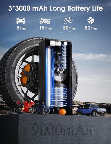 منفاخ إطارات ZMOON ضاغط هواء محمول، 2 في 1 150 رطل لكل بوصة مربعة لاسلكي ومضخة هواء تيار مستمر 12 فولت لإطارات السيارات، 9000 مللي أمبير في الساعة 4 مرات تضخم أسرع مضخة هواء لقياس الضغط المباشر للسيارة/الدراجة النارية/الدراجة/الكرة in Kuwait