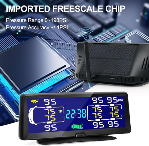 Hieha Tire Pressure Monitoring System, 7.84" Wireless Solar Rv TPMS with 4 Sensors for Travel Trailer Truck Fifth Wheel Motorhome, Real-time Monitoring Pressure and Temperature(0~198 PSI) in Saudi Arabia