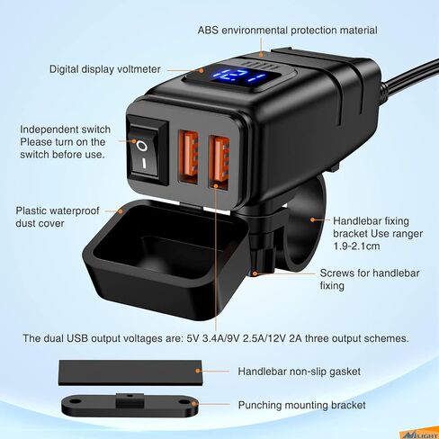 Nilight Motorcycle Charger with 12V Voltmeter Independent On Off Switch SAE USB Adapter Inline 10A Fuse Waterproof 6.8A Dual QC3.0 Fast Charging Phone Tablet for 7/8inch Handlebar ATV in Saudi Arabia