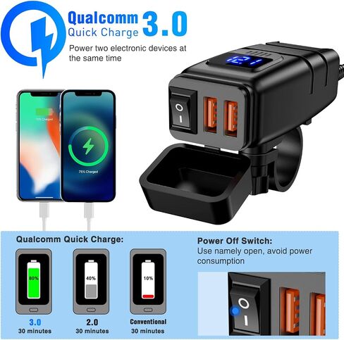 Nilight Motorcycle Charger with 12V Voltmeter Independent On Off Switch SAE USB Adapter Inline 10A Fuse Waterproof 6.8A Dual QC3.0 Fast Charging Phone Tablet for 7/8inch Handlebar ATV in Saudi Arabia