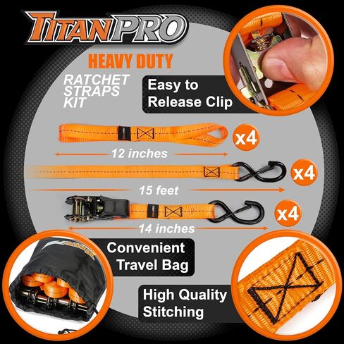 أشرطة ربط السقاطة من TitanPro مكونة من 4 قطع - قوة اختبار 2200 رطل، أربطة سقاطة ممتازة مقاس 1 × 15 بوصة مع مقابض مبطنة | أشرطة متحركة لملحقات الشاحنات شديدة التحمل (أسود) in Saudi Arabia