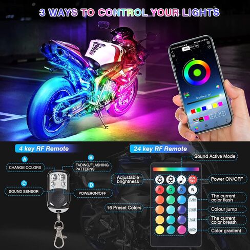 8 قطع من مجموعات إضاءة LED للدراجة النارية RGB مع جهاز تحكم عن بعد APP/RF، مصابيح شريطية للدراجات النارية ذات المنطقة المزدوجة مع إشارة دوران الفرامل، أضواء توهج للدراجات النارية متعددة الألوان مقاومة للماء 12 فولت لهارلي هوندا in Kuwait
