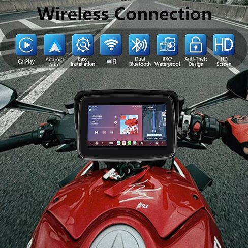 SANPTENT Portable Carplay Screen for Motorcycle, Wireless Apple CarPlay & Android Auto, 5-Inch IP67 Waterproof GPS Navigation, Voice Control, 5G Dual Bluetooth, TF Input in Kuwait