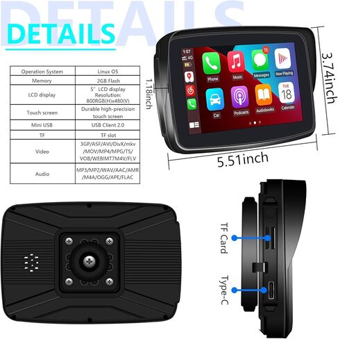 SANPTENT Portable Carplay Screen for Motorcycle, Wireless Apple CarPlay & Android Auto, 5-Inch IP67 Waterproof GPS Navigation, Voice Control, 5G Dual Bluetooth, TF Input in Kuwait