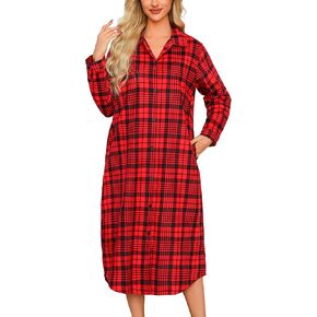 ENJOYNIGHT Womens Long Flannel Nightgown Plaid Nightshirt Button Down Pajamas Dress Long Sleeve Sleepshirts
