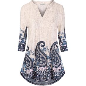 BAISHENGGT Womens 3/4 Sleeve Floral Printed Notch V Neck Blouses Tunics Tops