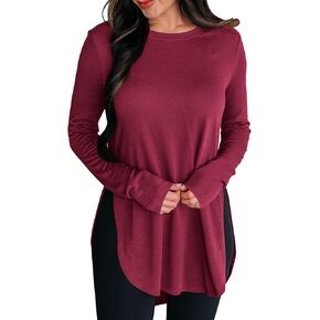 BZB Womens Long Sleeve Tunic Tops Fall Casual Crew Neck Side Split Hi-Low Hem Loose Shirts To Wear With Leggings