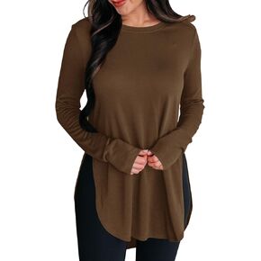 BZB Womens Long Sleeve Tunic Tops Fall Casual Crew Neck Side Split Hi-Low Hem Loose Shirts To Wear With Leggings