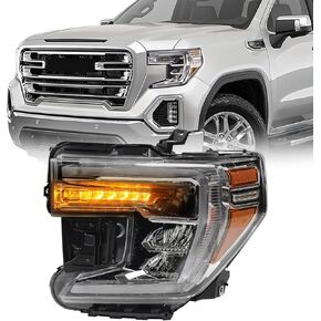 FIONE for GMC Sierra 1500 Headlight Assembly 2019 2020 2021 LED Projector Replacement HeadLamp with LED DRL Turn Signal Light Chrome Housing Clear Lens Left Driver Side LH 84772475