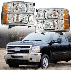Automotive Headlights Fit for 2007-2013 Chevrolet/Chevy Silverado 1500/2500 HD / 3500 HDLH+RH Headlamp Replacement Chrome Housing with Amber Corners