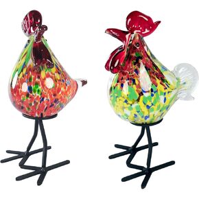 Glass Animals, Rooster Kitchen Decor, 2 Pcs Unique Gift Idea Hand-Blown Art Glass Figurines, Red