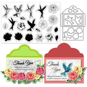INFUNLY Hummingbird Clear Stamp and Die Cuts for Card Making Peony Flowers Clear Stamps Peony Flowers Cutting Dies Hummingbird Die Cuts Layered Flowers Rubber Stamps for Card Making Scrapbooking Decor