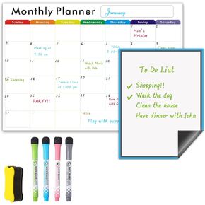 Magnetic Dry Erase Calendar Set for Fridge, Resuable Monthly, Weekly Refrigerator Planner Whiteboard with 4 Markers and Eraser, 11.4x16 Inches Kitchen Schedule Calendar for Family