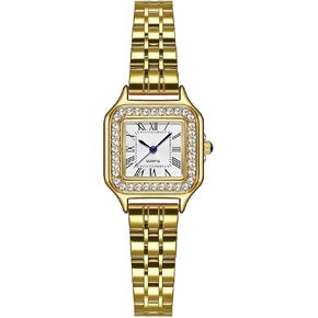 ADSBIAOYE Gold Watches for Women Dainty Square Vintage Watches Luxury Ladies Diamond Accent Dress Stainless Steel Bracelet Watch Analog Quartz Waterproof Watch