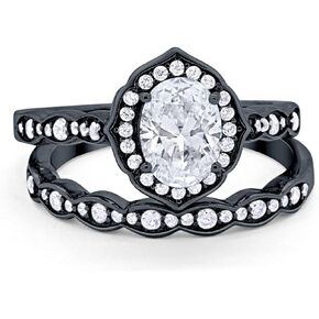 Blue Apple Co. Two Piece Art Deco Vintage Style Wedding Engagement Bridal Set Ring Band 925 Sterling Silver Oval Round CZ