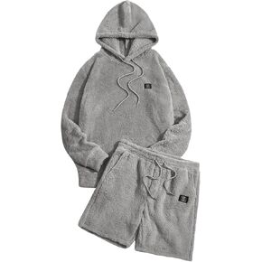 Verdusa Men's 2 Piece Tracksuit Sets Fleece Fuzzy Hooded Sweatshirt and Shorts