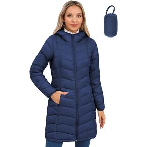 SLOWTOWN Women’s Packable Puffer Coat Lightweight Hooded Puffer Jakcet Mid Length Warm Winter Coat