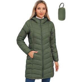 SLOWTOWN Women’s Packable Puffer Coat Lightweight Hooded Puffer Jakcet Mid Length Warm Winter Coat