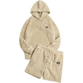 Verdusa Men's 2 Piece Tracksuit Sets Fleece Fuzzy Hooded Sweatshirt and Shorts