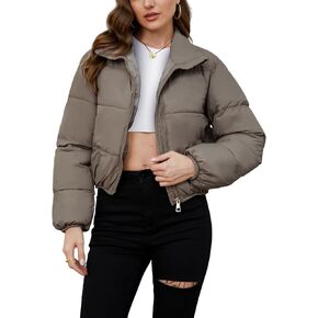 Gihuo Women's Cropped Puffer Jacket Long Sleeve Stand Collar Padded Coats Full Zip Up Quilted Jackets