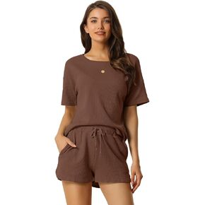 Womens Lounge Sets with Pockets Waffle Outfits T-shirt and Shorts Loungewear Sweatsuits