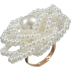 Pearl Ball Flower Statement Ring for Women Girls Gold Tone Handmade Adjustable Expandable Artificial Pearls Bead Cluster Open Wrap Finger Rings Comfort Fit Fashion Wedding Christmas Theme Party Jewelry Gift