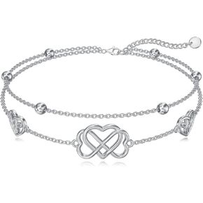WINNICACA Heart Celtic Knot Anklet 925 Sterling Silver Adjustable Foot Double Layered Chain Anklet Bracelets Celtic Jewelry for Women Christmas Birthday Gifts