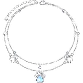 S925 Sterling Silver Puppy Dog Cat Pet Paw Print Created Moonstone Double Chain Foot Charm Adjustable Layer Anklet Large Bracelet Jewelry Gift for Women