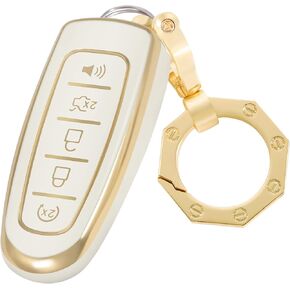 YHC Key Fob Cover for Ford with Gold Keychain Key Shell fit Edge Escape Expedition Explorer Flex Focus (White)
