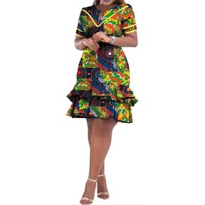 BAZINRICHE African Dresses for Women Bazin Riche Ankara Clothing Short Sleeve Dress Wax Print
