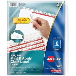 Avery 5 Big Tab Dividers for 3 Ring Binder, Easy Print & Apply Clear Label Strip, Index Maker Customizable White Tabs, 1 Set (11490)