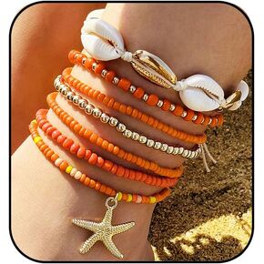 CSIYANJRY99 Shell Starfish Anklets Bracelet 7pcs Boho Seashell Beaded Anklet Hawaii Summer Beach Waterproof Surfer Starfish Anklets for Women