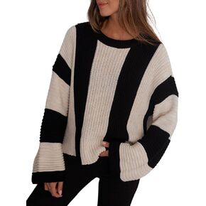 InterNos Womens Striped Bell Sleeve Pullover Sweater Loose Color Block Crew Neck Vertical Knitwear