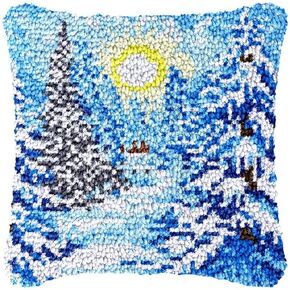 Blue Snow Christmas Tree Latch Hook Pillowcase Kits for Adults and Starter DIY Cushion Cross Stitch Latch Hook Rug Kits with Preprinted Canvas Crochet Yarn Kits Needlework Crafts 17'' X 17''