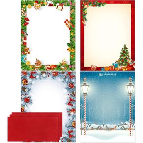 80 Pieces Christmas Stationery Paper Party Holiday Stationery Sheet Christmas Letterhead with Red Envelope for Notes Wedding Invitations Greeting Cards, 4 Designs