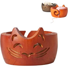Lroterser Cute Cat Yarn Bowl, New Yarn Bowls Yarn Storage Bowl with Carved Holes & Drill, Creative Wooden Handmade Round Woolen Bowl for DIY Knitting Crocheting Accessories (Brown)