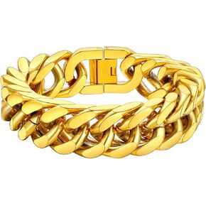 FaithHeart Stainless Steel Cuban Link Bracelet for Men, Gold Plated/Black/Silver Mens Chain Bracelet 8/12/17mm Width, 7.5/8.3/9.1 Inch Length Sturdy Wrist Bracelets Hip Hop Jewelry, with Gift Box