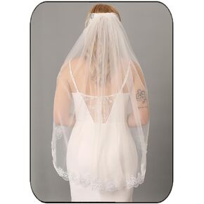 Unsutuo 1 Tier Bride Wedding Veil Fingertip Lace Veil Bridal Tulle Veil with Headpiece for Women and Girls