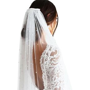 White Pearl Bride Veil Long Bridal Pearl Veils with Hair Comb Wedding Accessories for Women Girls White 1 Tier Long Veil for Wedding Engagement Bachelorette Party, Medium