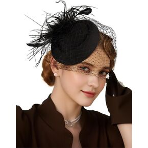 Women's 20s 50s Mesh Veil Feather Pillbox Fascinator Hat for Wedding Tea Party Kentucky Durby Funeral Fascinators with Headband and Clip Black