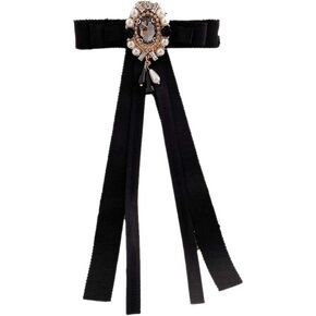 JKQBUX Long Ribbon Bow Tie Brooches for Girl Women Fashion jabot collar brooch pins Pearl Crystal Pre-Tied Neck Tie Shirt Corsage Bow Brooche Pin