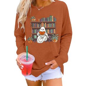 VILOVE Halloween Spooky Sweatshirt Women: Ghost Reading Books Shirt Cute Halloween Teacher Sweatshirt Reading Shirt