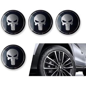 4 PCS Car Hub Cap Sticker, Metal Material Skull Design Personalized Sticker, Cars Adornment Wheel Hub Center Cap, Universal for Most Cars, Trucks (Black)