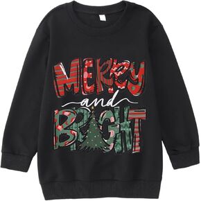MERRY and BRIGHT Christmas Sweatshirts for Kids Boy Girl Xmas Pullover Shirt Crew Neck Tops Long Sleeve Fall Clothes